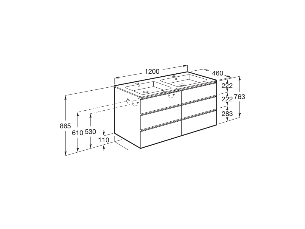 Medidas del pack Unik mueble base de 6 cajones + lavabo doble THE GAP - ROCA